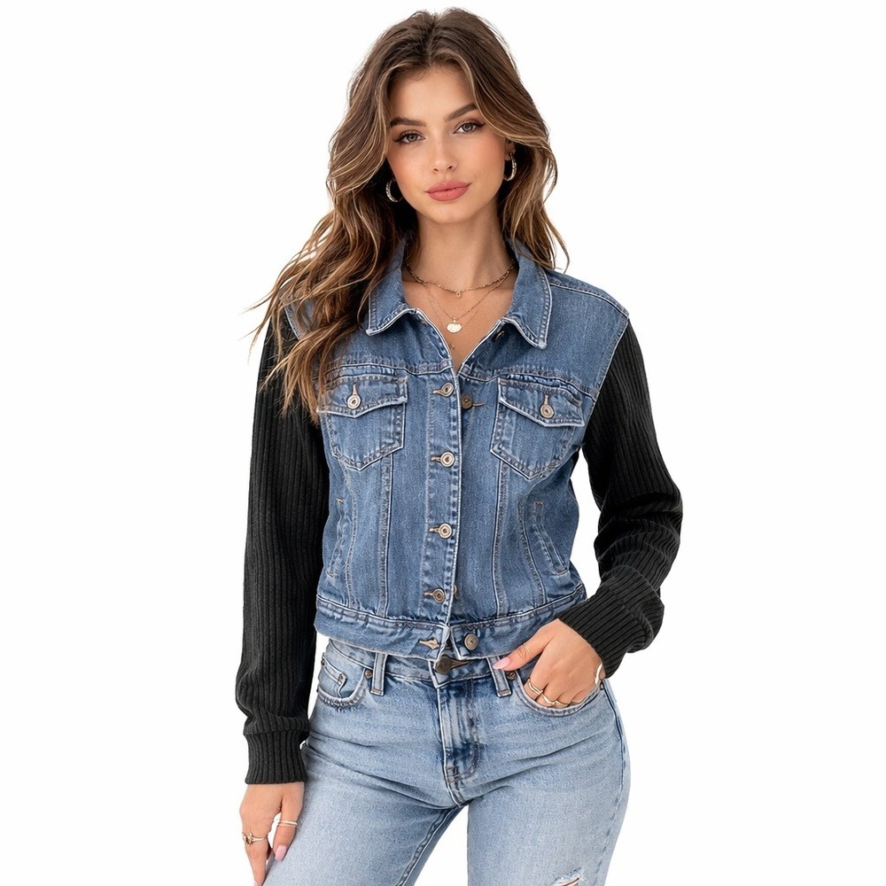 Denim Jacket Size M Knit Sleeve Hybrid Trucker Blue Casual Jacket Coat